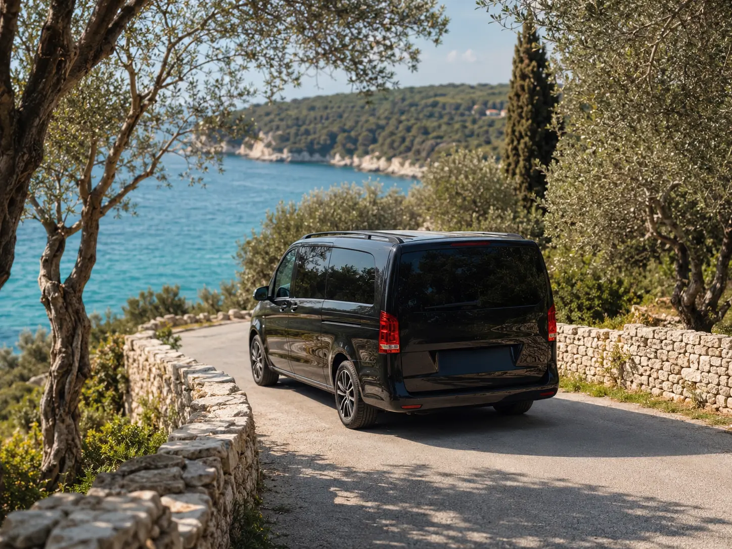 A quiet coastal road through the olive landscape of Paxos